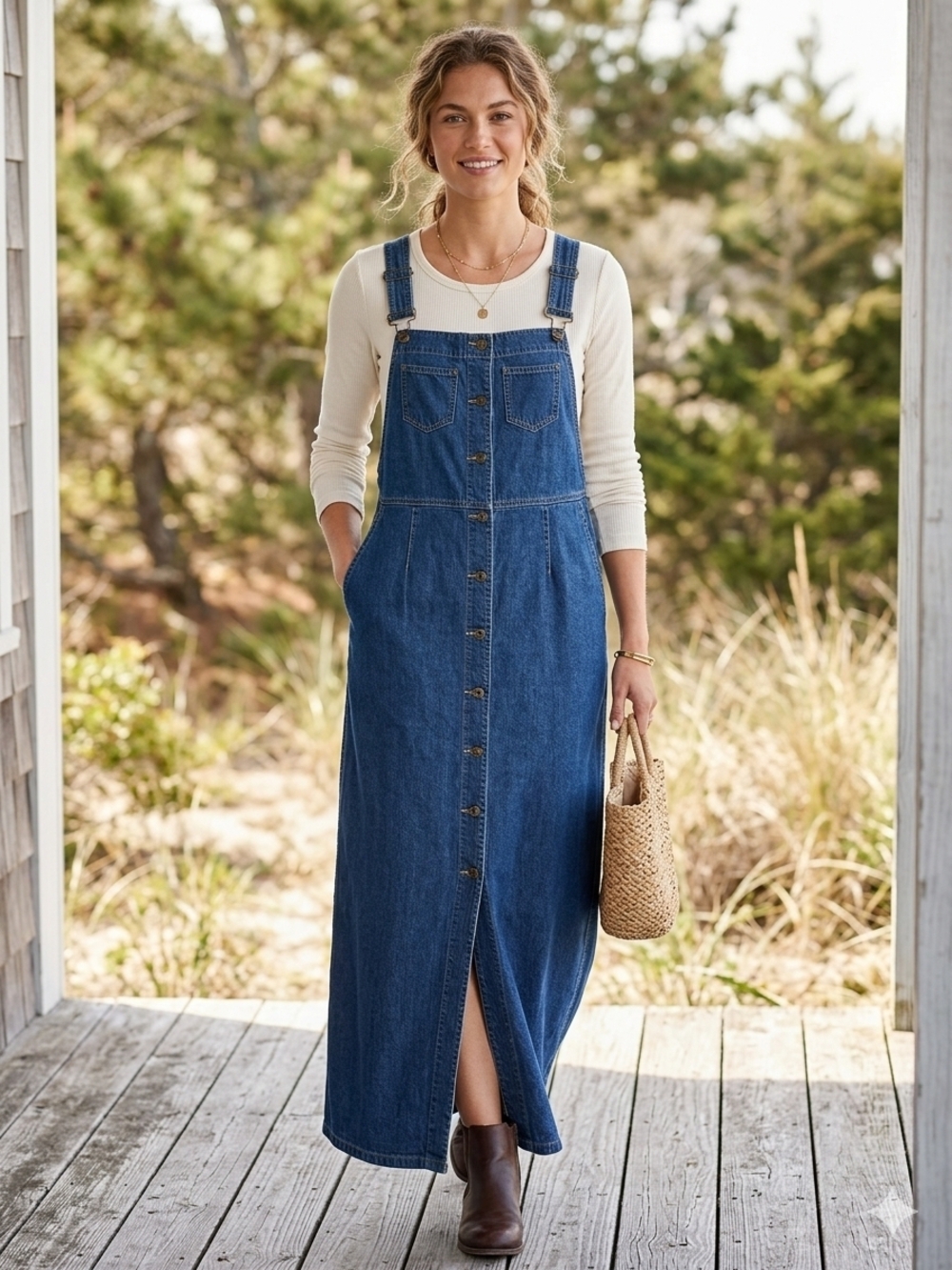 Liz Claiborne Blue Denim Button-Front Overall Maxi Dress